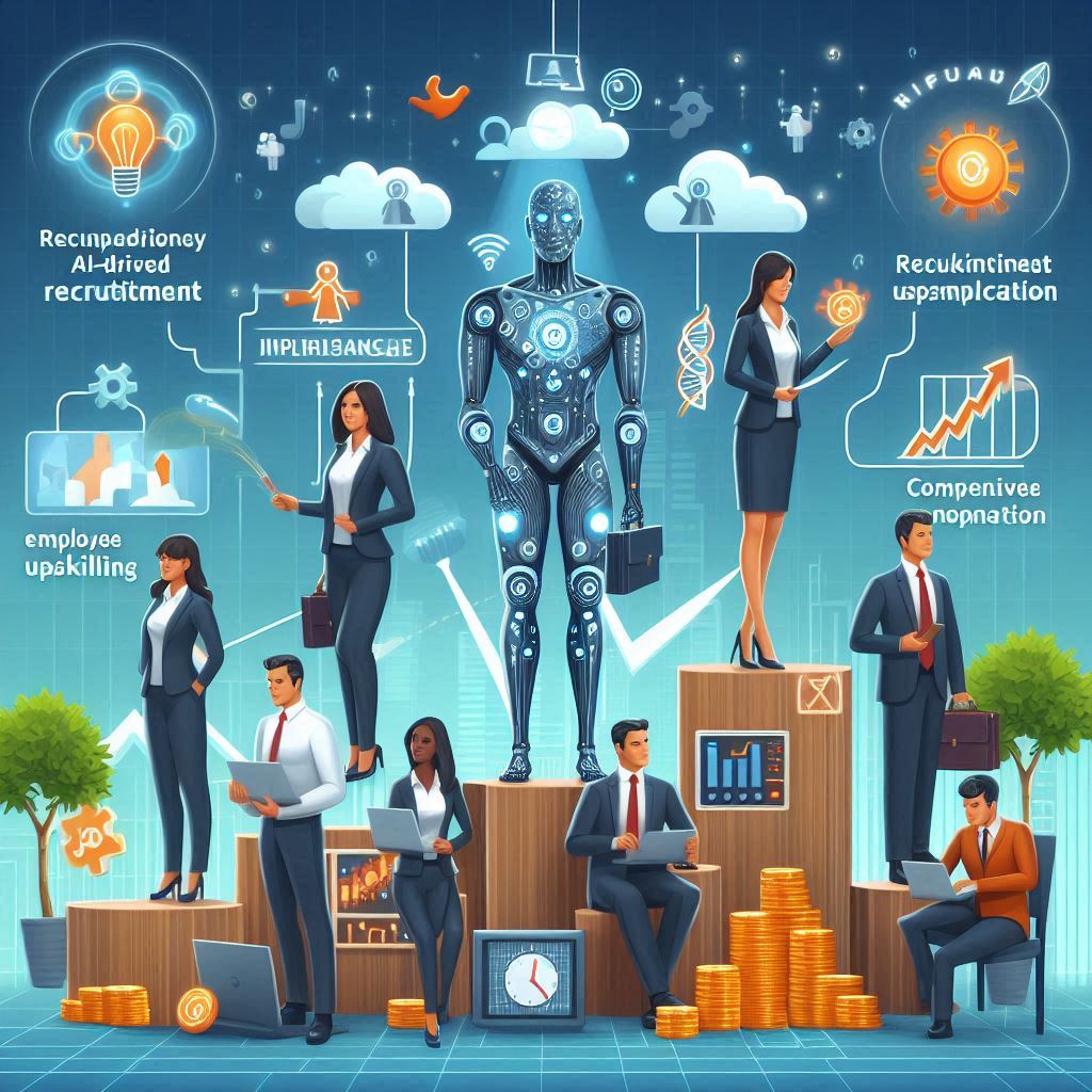 HR trends in 2025, showcasing AI-driven recruitment, employee upskilling, flexible work models, and competitive compensation